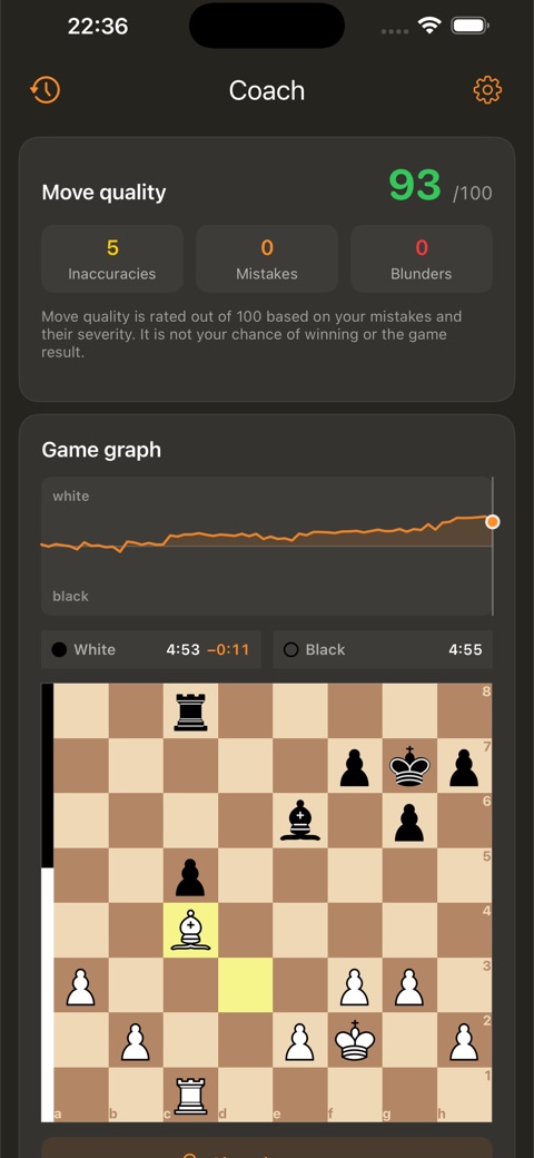 Coach mode showing move quality, inaccuracies, an evaluation graph and the reviewed position