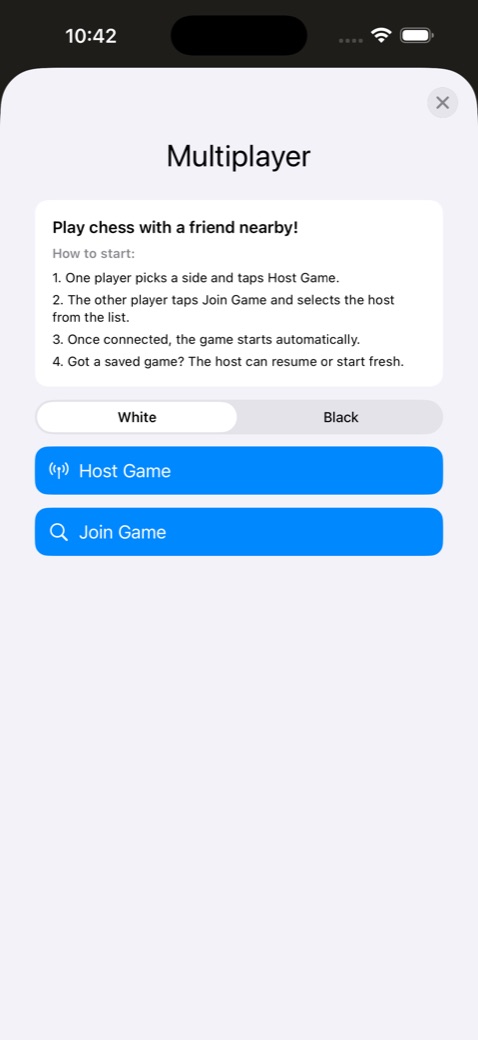 Nearby multiplayer setup with side selection, Host Game and Join Game buttons